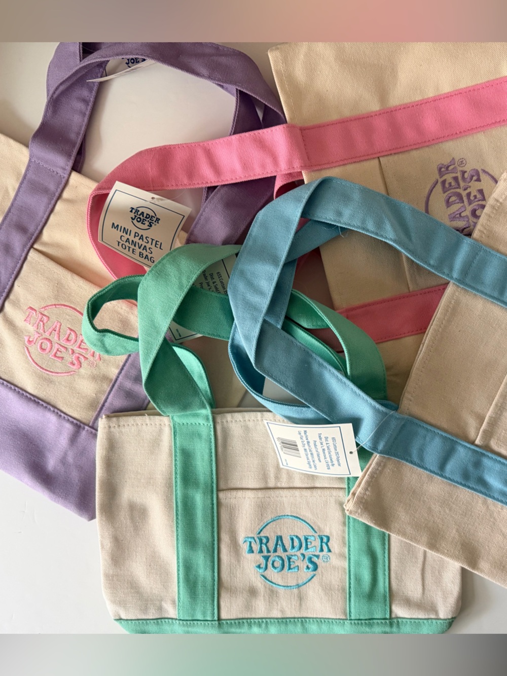 4 Trader Joe's Canvas Mini Tote Bags - Pastel Colors